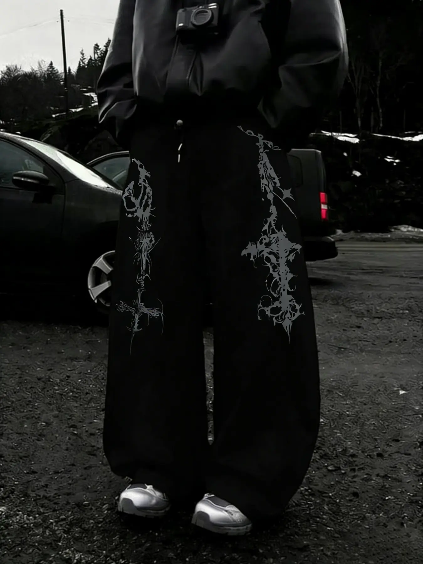 Thorn Cross Loose Wide Leg Pants, Death Metal Thorn Print, Soft Cotton Blend Fabric, Y2K Grunge Dark Metal Style, Casual Comfy Trouser, Casual Fashion Trousers, Casual Streetwear Pants