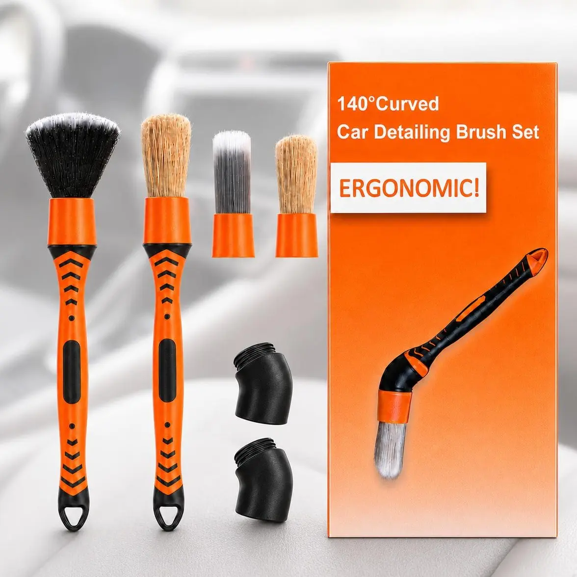 6-Piece Car Detailing Brush Kit with Angled Adapter, Boar Bristles, PBT & PET Brushes - Precision Reach for Auto Interior wash Cleaning (Air Vents, Dashboard, Seat Gaps) & Wheels window cleaner
