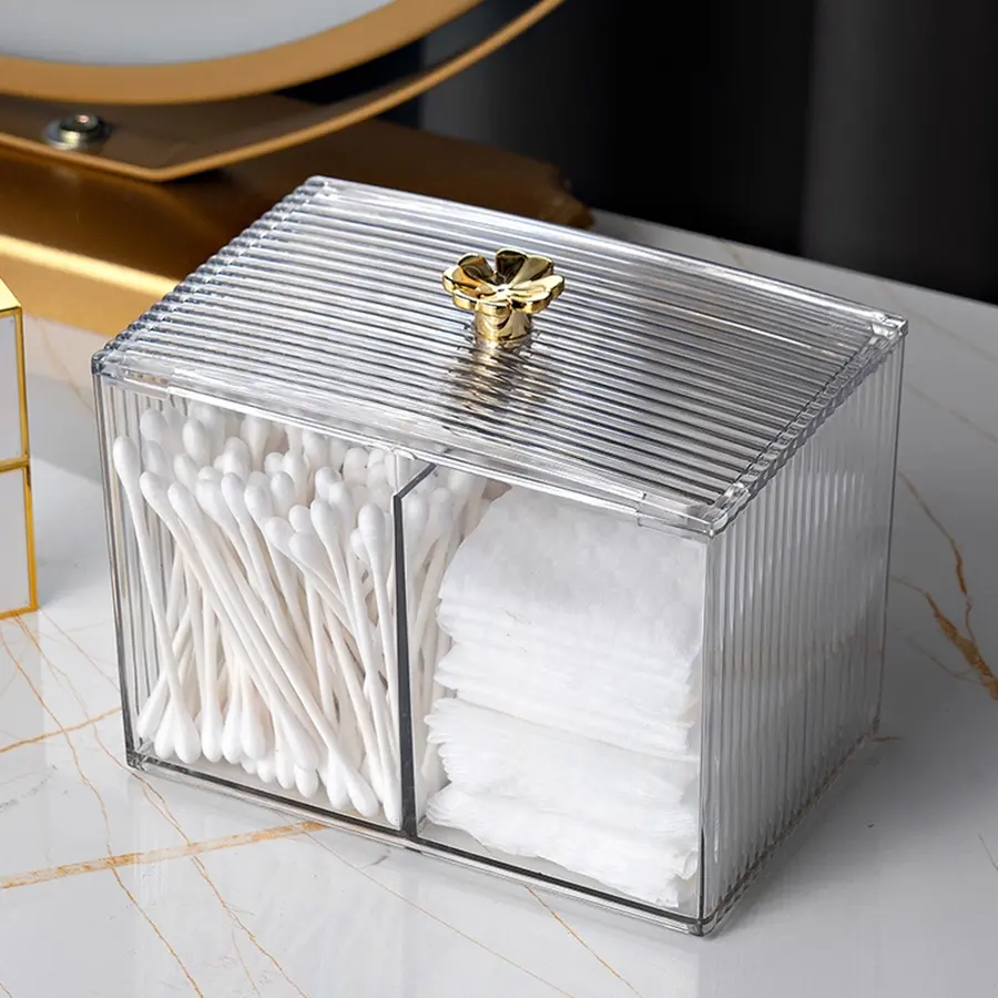 Qtip Holder Dispenser 3-Section Clear Bathroom Organizer Jar 3 Grids Cotton Swab/Pad/Ball Holder Container Cosmetics Storage Box With Lid, Makeup Box Organizer, Bathroom Accessories Storage, Durable Plastic Organizers