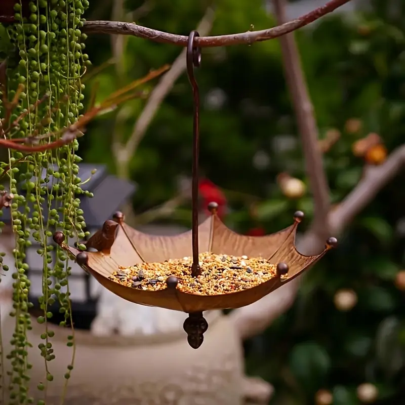 1 piece metal bird feeder and bathtub - umbrella hanger with chain, rust-proof outdoor garden accessory, easy to install, no electricity required, attracts wild birds, garden bird feeder | fashion bird feeder | rust-proof metal, outdoor bird feeder