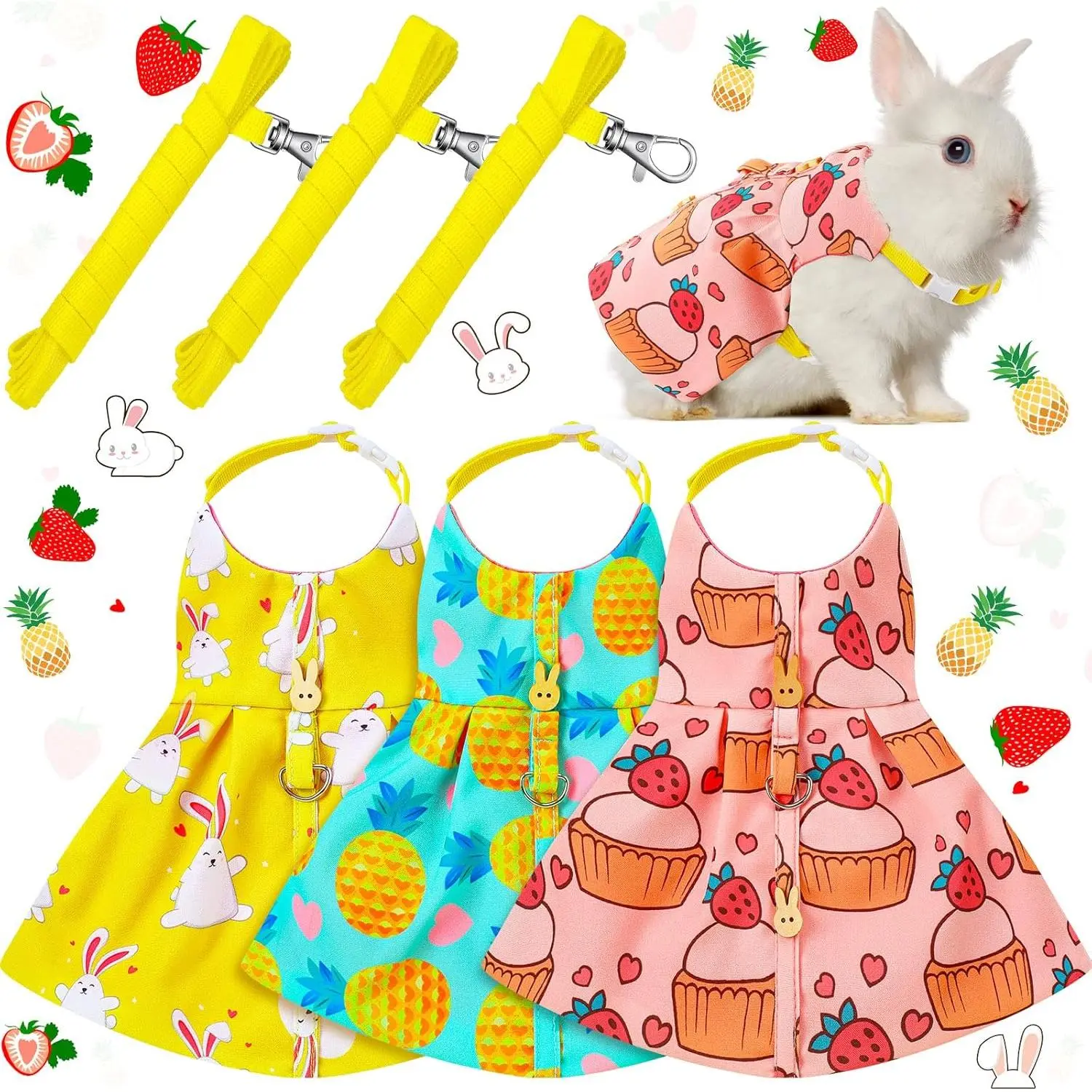 3 Sets Rabbit Bunny Leads & Harnesses Gift Set - Cute Escape-Proof Walking Gear, Festive Costume for Rabbits, Suitable for Squirrels (Cake, Animal, Pineapple Designs), Squirrel, Ferret