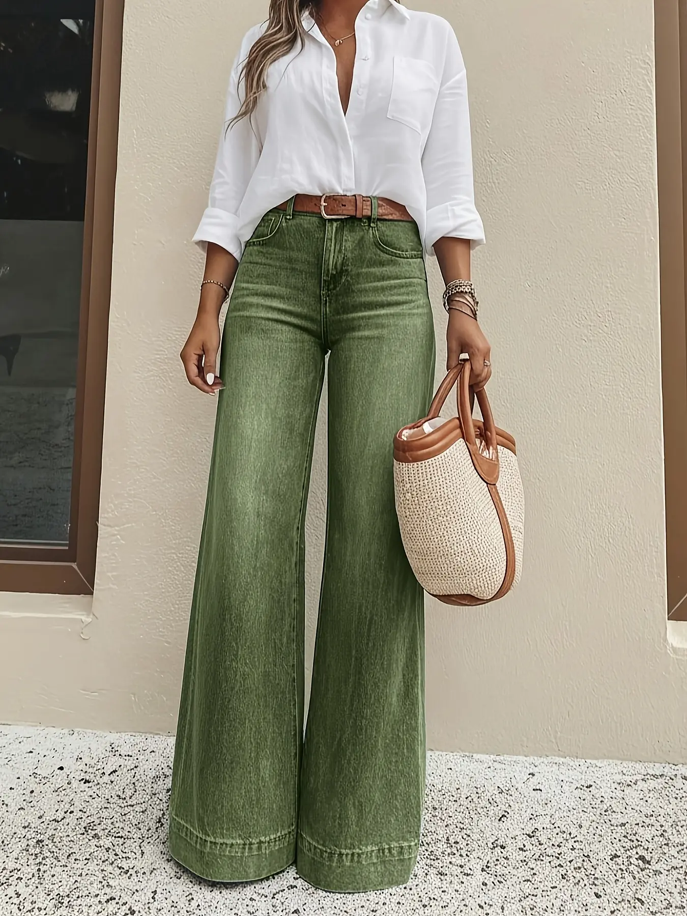 Women's Vintage Olive Green High-Waist Wide-Leg Jean Pants, Denim Fabric Full-Length Bottoms, Washed Finish for Premium Texture, Cold Wash Safe, Multi-Size Versatile Chic Womenswear