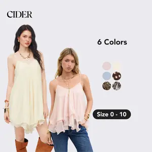 Cider Ruffle Hem Knotted Layered Mesh Cami Top, Cute Vocation Top for Spring Summer, Mid Size Fairy Top for Beach Fashion