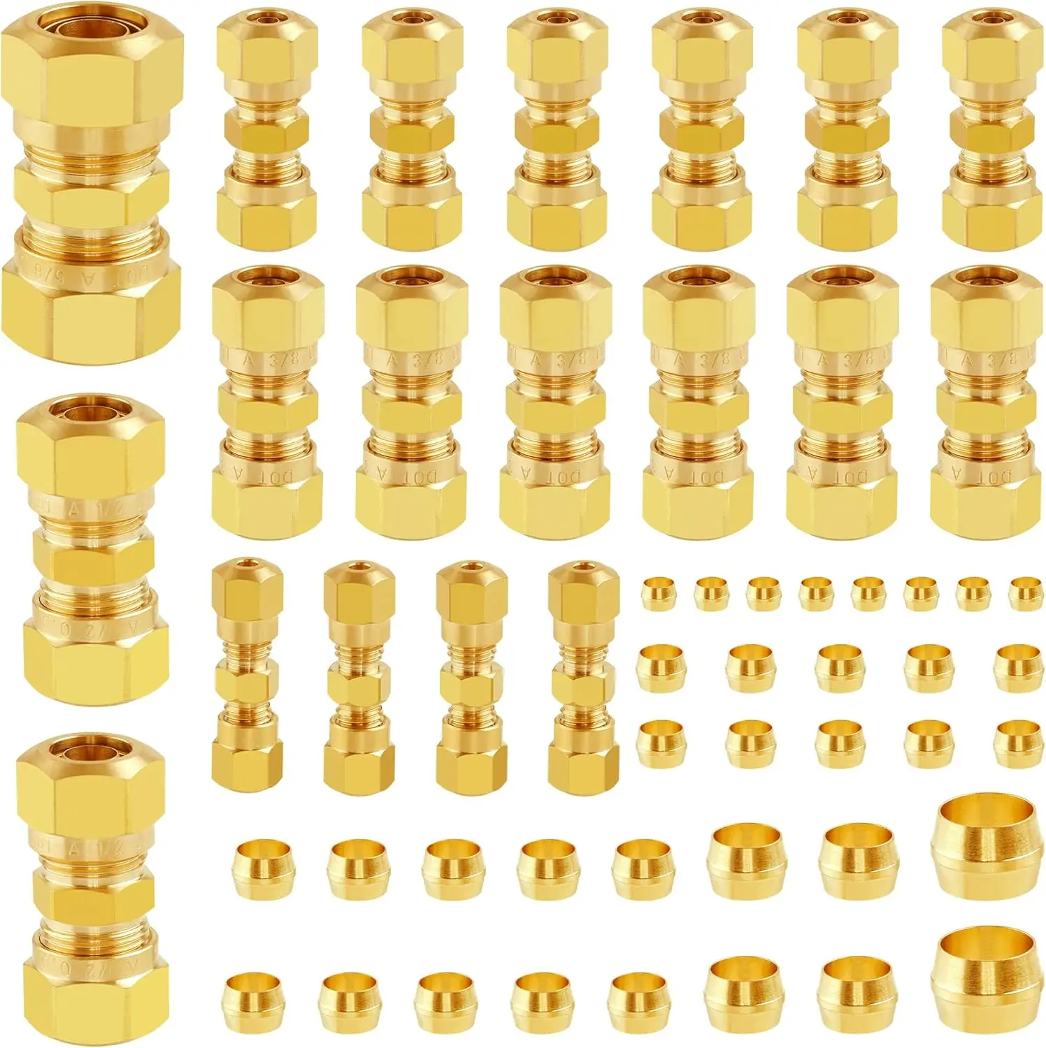 53-Count CA360 Brass D.O.T FMVSS 571.106 Compression Fittings Kit, Straight Union Nylon Tubing Fittings (1/8" 1/4" 3/8" 1/2" 5/8") for Copper Tubing, Lawn Mower Repair & Industrial Air Systems (-65°F to +200°F)