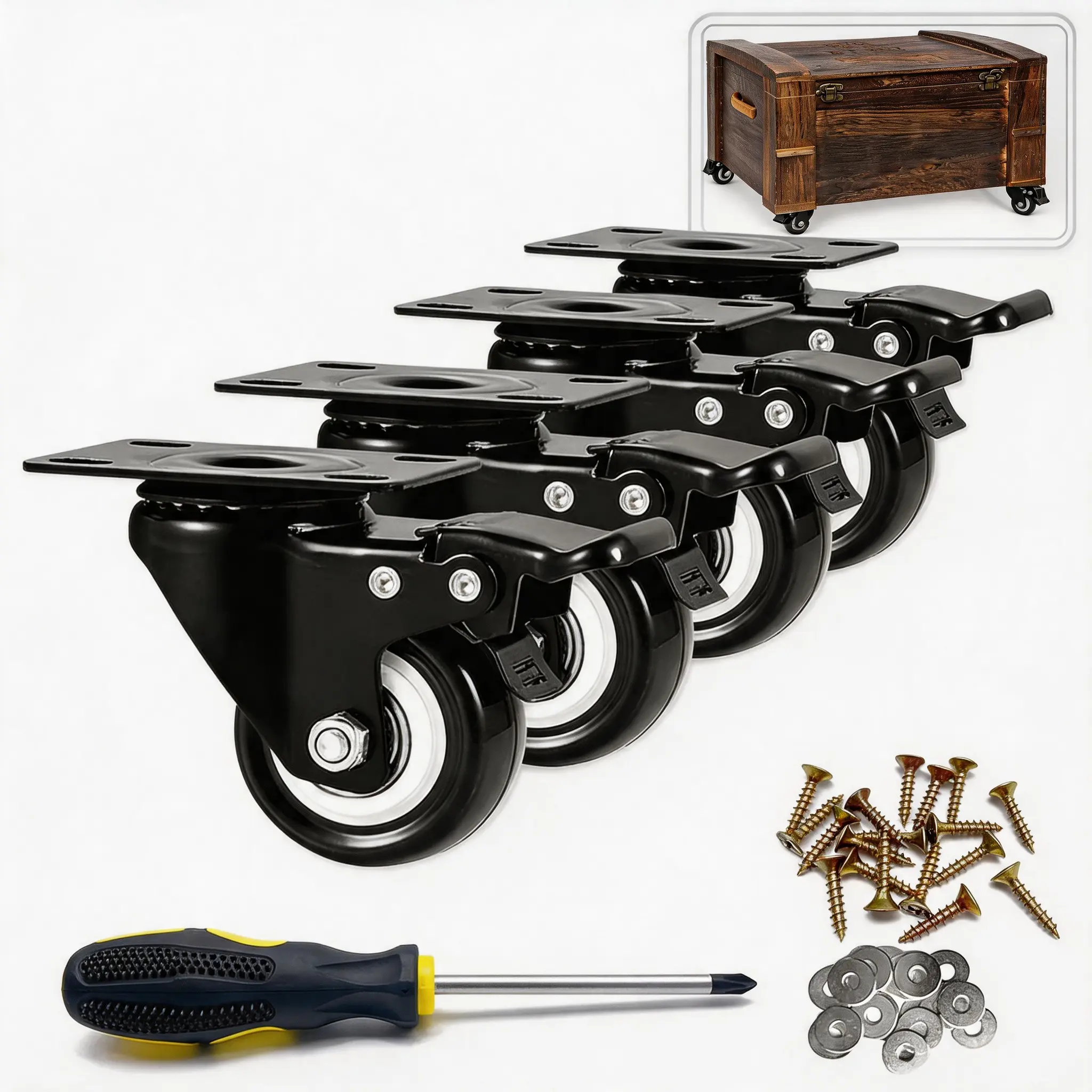 2 Inch Swivel Casters Set of 4, Heavy Duty Dual Lock PU Wheels, 100 lbs Load Capacity for Workbench & Tool Cart