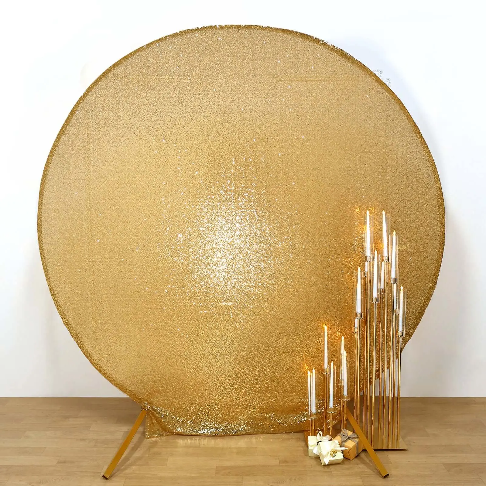 7.5ft Double-Sided Metallic Gold Sequins Backdrop Decoration - Round Top Backdrop, Circular Archway Festive Banners for Wedding Ceremony, Photo Stand Cover & Party Setup