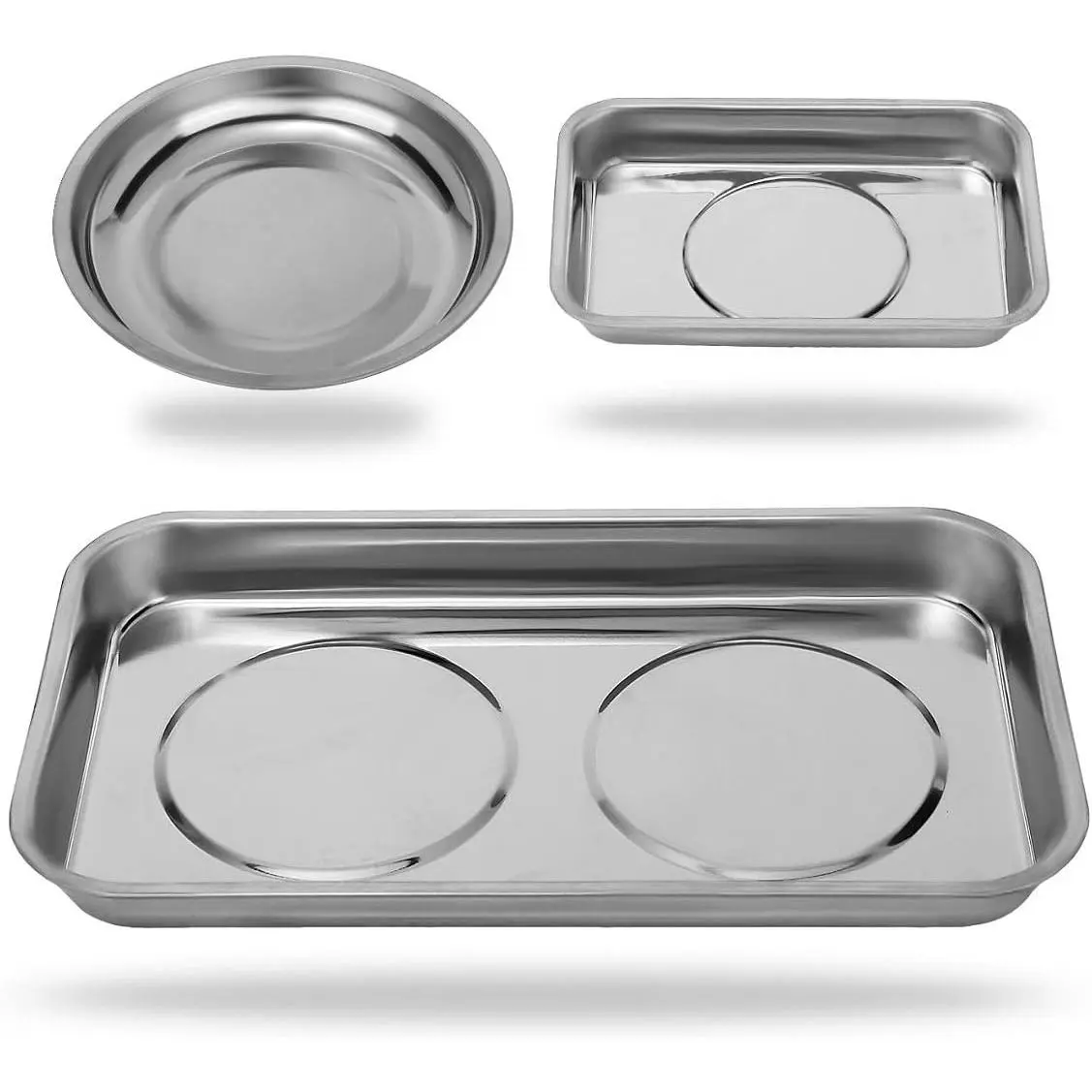 Stainless Steel Tray Organiser Set - 3pc Tray & Bowl Tool, Thick, Scratch Resistant, Rubber-Lined, for Socket Screw Nuts, Metal Parts, Garage, Office, Countertop, Mechanics
