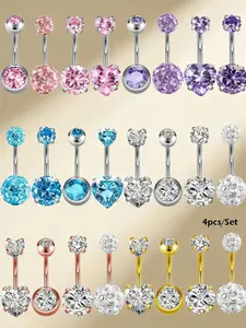Cubic Zirconia Belly Button Ring Set, Stainless Steel 14g Heart Design Belly Piercing Jewelry, Rhinestone Belly Ring, Perfect for Women Party Wear, Holiday Gift, Body Piercing Jewelry