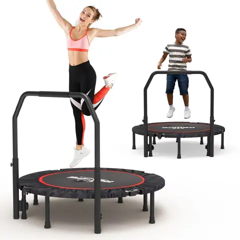 RELIFE 48" Foldable Exercise Trampoline - Adjustable Handle Bar, Waterproof, Pad Stays on Fold, PP Mesh, Silent Rubber Tubes, Unisex Indoor Gym Equipment for Adults Kids Rebounding Workouts