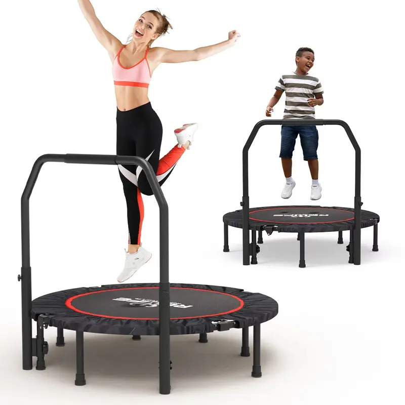 RELIFE 48" Foldable Exercise Trampoline - Adjustable Handle Bar, Waterproof, Pad Stays on Fold, PP Mesh, Silent Rubber Tubes, Unisex Indoor Gym Equipment for Adults Kids Rebounding Workouts