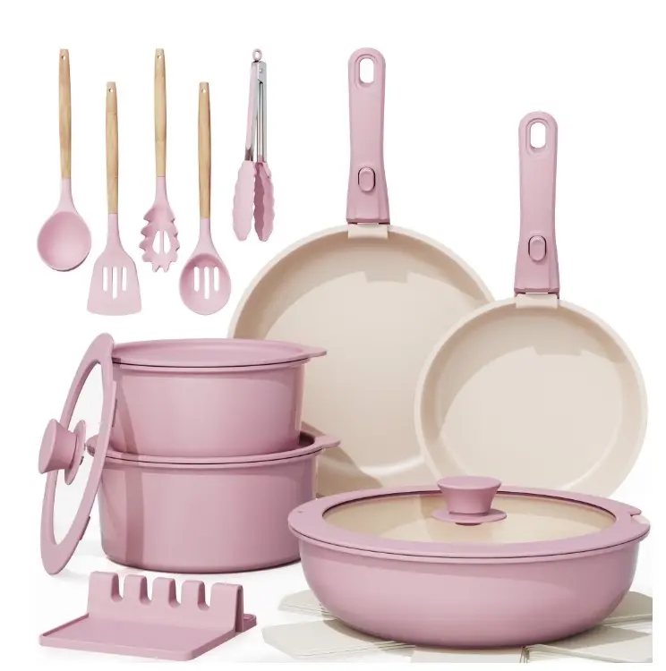 Astercook 20-Piece Nonstick Ceramic Cookware Set with Detachable Handles, Oven Safe to 480°F, Induction Compatible, Stackable for RV Kitchens, Pink