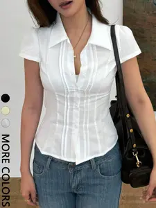 Stylish Slim-Fit Striped Button-Down Shirt - Short-sleeved, fitted top, suitable for everyday office and casual wear.
