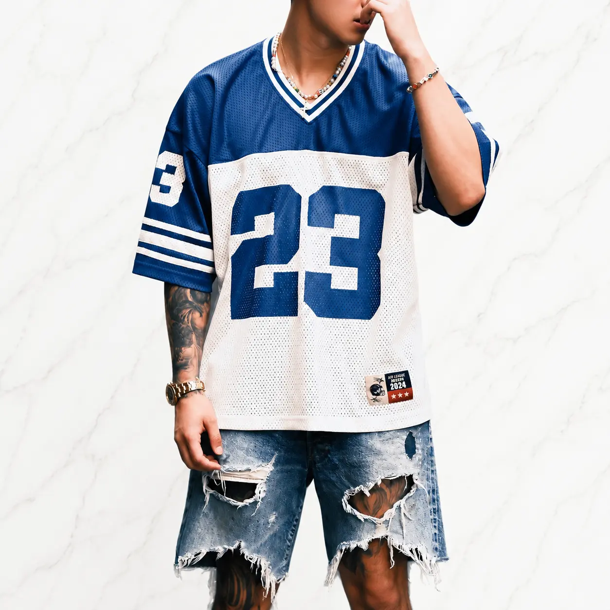 Summer lightweight mesh breathable V-neck jersey T-shirt, American street style loose striped sports top—a must-have for trendy men, football/soccer edition. Basketball. Soccer T-shirt.Summervibes