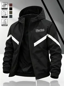 Men's Streetwear Hooded Jacket, Wind-Resistant Durable Polyester Fabric, Lines & Chest Print, Fitted Neckline, All-Season Casual Wear
