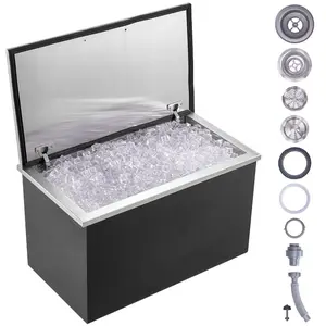 Fathersdaygift 40 Qt Drop-in Rectangular Stainless Steel Ice Storage Cooler, 24Lx20Wx15H Commercial Drop-in Bin with Hinged Lid, Drain Pipe and Drain Plug, for Outdoor Kitchen Ice Bardealsforyoudays