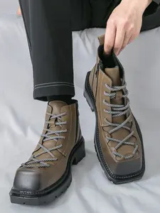 Men Classic European Style Square Toe Fashion Boots Thick Sole Rubber Short Booties with Side Zipper Punk Rock Motorcycle Boots Footwear