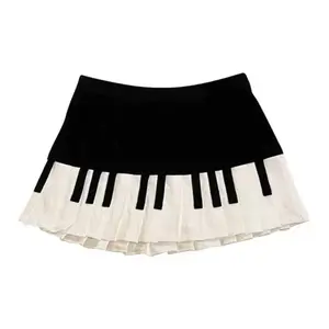 casual outfits women   Vintage Black White Piano Keys Skirts Y2k Slim Waist Ruched A-line Skirt for Women 2025 Summer