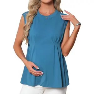 INSPIRE CHIC Women's Maternity Tank Tops Pleated Peplum Tunic Casual Shirt Dressy Sleeveless Pregnancy Blouses Medium Lake Blue