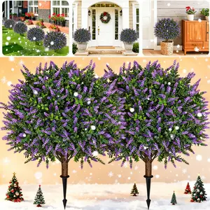DLDA 24" Boxwood Topiary Balls with Lavender 2-Pack UV Resistant Faux Outdoor Plants for Porch Front Door & Planters with Ground Spike & Garden Tools Full Realistic Design Long Lasting All Season Decor