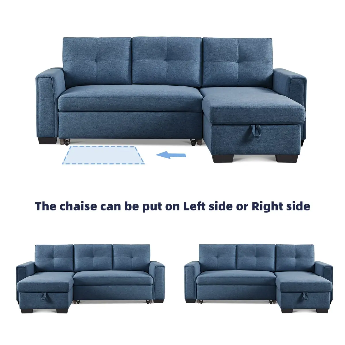 American Furniture Classics SS2791P-BUSS Reversible Contemporary Large Velvet Tufted Sectional Chaise Comfy Couch Pull-Out Futon Sleeper with Foam Cushioning, Space-Saving Storage for Overnight Guests - Blue Indoor Home Furniture, Large Size