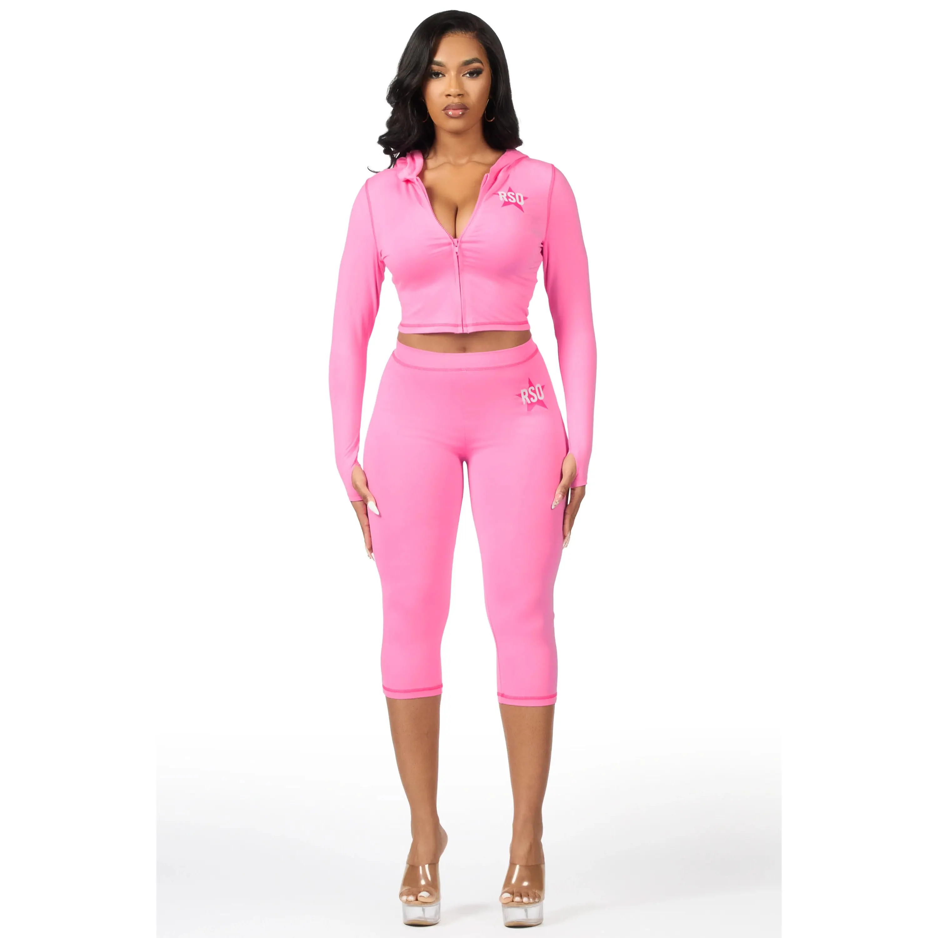 Sharina Pink Zip Up Capri Set