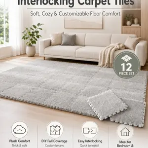 12-piece thickened interlocking carpet tiles for full coverage in bedrooms and living rooms, bedside warming mats, washable, soft, non-slip floor mats, 11.8x11.8 inches, Shaggy Area Rugs, Fluffy Rug (Model DM175)