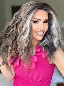 MACA BAKA Stella Iced Brown Ash Blonde Highlight Water Wave Lace Front Wigs with Scandinavian Hairline 16 Inches Medium Length Low Density Brown Loose Curly HD Synthetic Lace Front Wigs for Women Pre Plucked