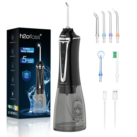 h2ofloss Water Dental Flosser TikTokShopBlackFriday -5 Modes Portable Oral Irrigator Braces Rechargeable & IPX7 Waterproof Teeth Cleaner for Home Travel P11 Black bundle sets holiday value pack stock up