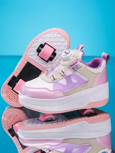 Two-Wheel Rotating Button Sliding Walking Shoes, Casual Sports Sneakers for Kids, Unisex Wheel Shoes for All Seasons Outdoor Activities