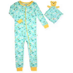 Girls Long Sleeve Super Soft Snuggle Jersey Zip-Up Coverall Pajama with Blankey Buddy- Floral, Blue.