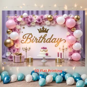 Princess Birthday Backdrop Rose Balloon Crown Decor, Girl Party Photo Background Wall, Dessert Table Prop, Luxurious Floral Atmosphere