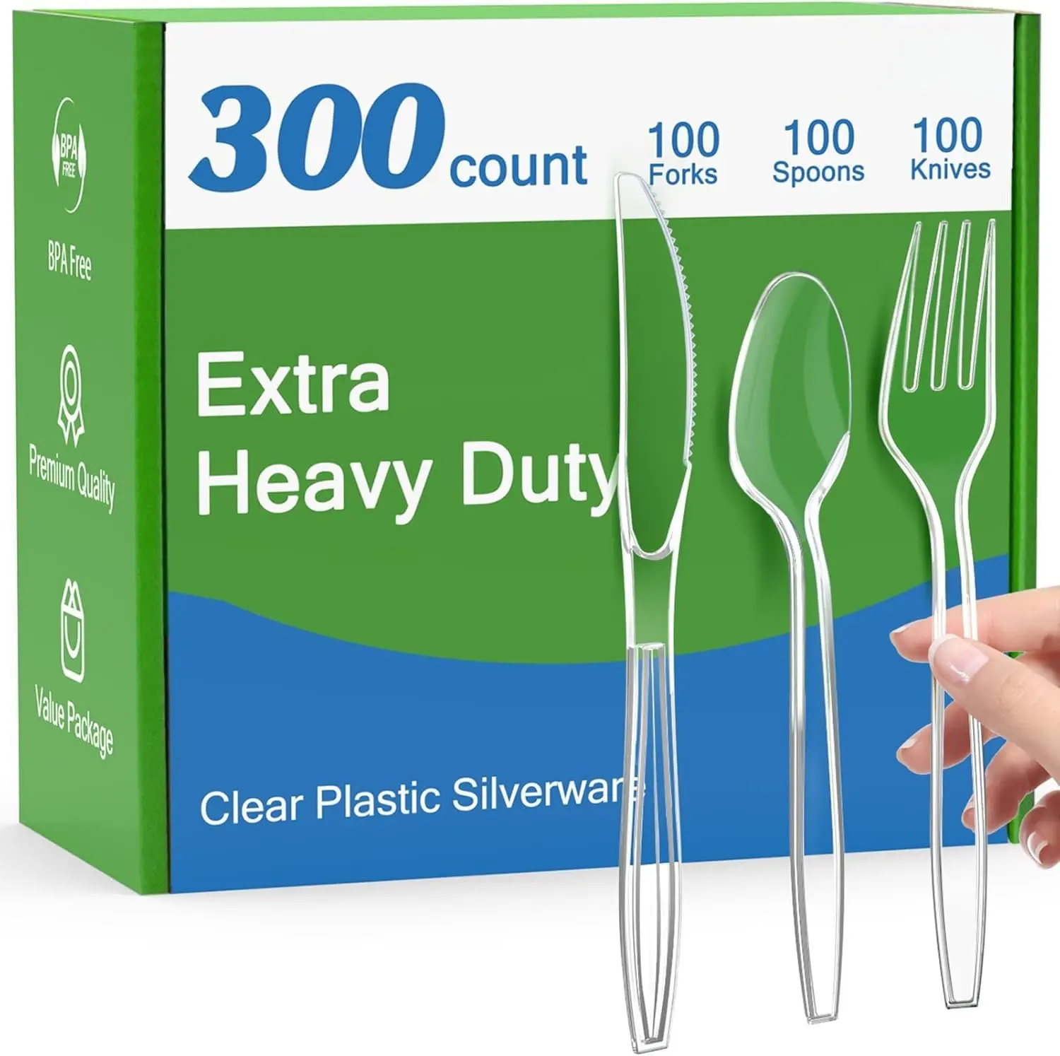 300 Count Extra Heavy Duty Clear Plastic Silverware, 100 Forks, 100 Spoons, 100 , , Heat Resistant, Disposable Plastic Utensils Set, Plastic Cutlery Set, Plasticware Bulk