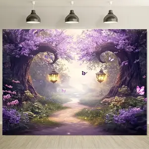 1pc 100% Polyester 2D Flat Enchanted Fairy Forest Photography Backdrop, White with Multiple Banners & Ornaments, No Electricity Needed, Versatile for Photo Booths, Weddings, Room Decor