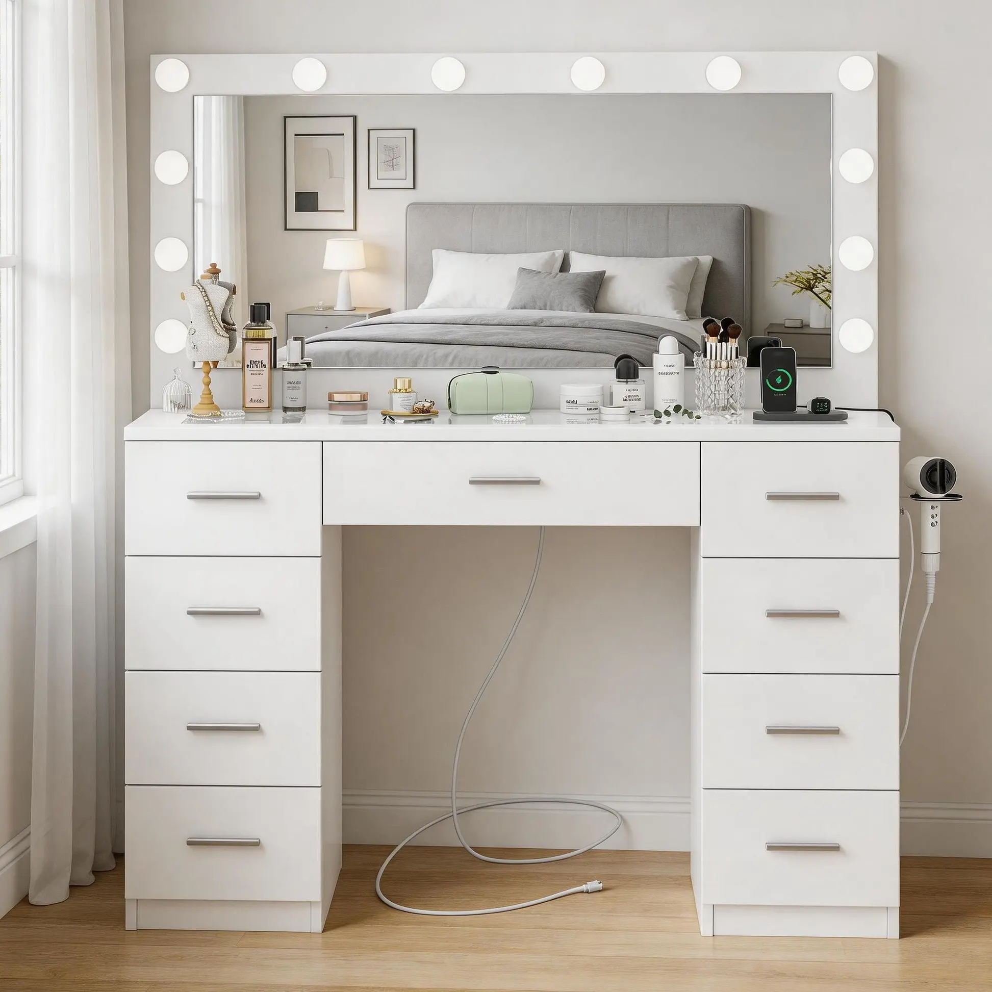 Large White Vanity with Lights - Stylish Illuminated Stand-Alone Drawer-Style Makeup Vanity Desk, Glass Top, 9 Drawers, Power Outlet, Indoor Bedroom Dressing Table, Stylish Makeup Vanities