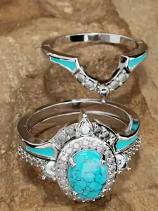 Fashion Boho Style Turquoise & Rhinestone Decor Rings, 3 Counts Rings, Hand Jewelry for Women & Men, Fashion Jewelry for Party, Daily Clothing Decor, All-match Jewelry for Birthday Gift, Stackable, Stacking Rings