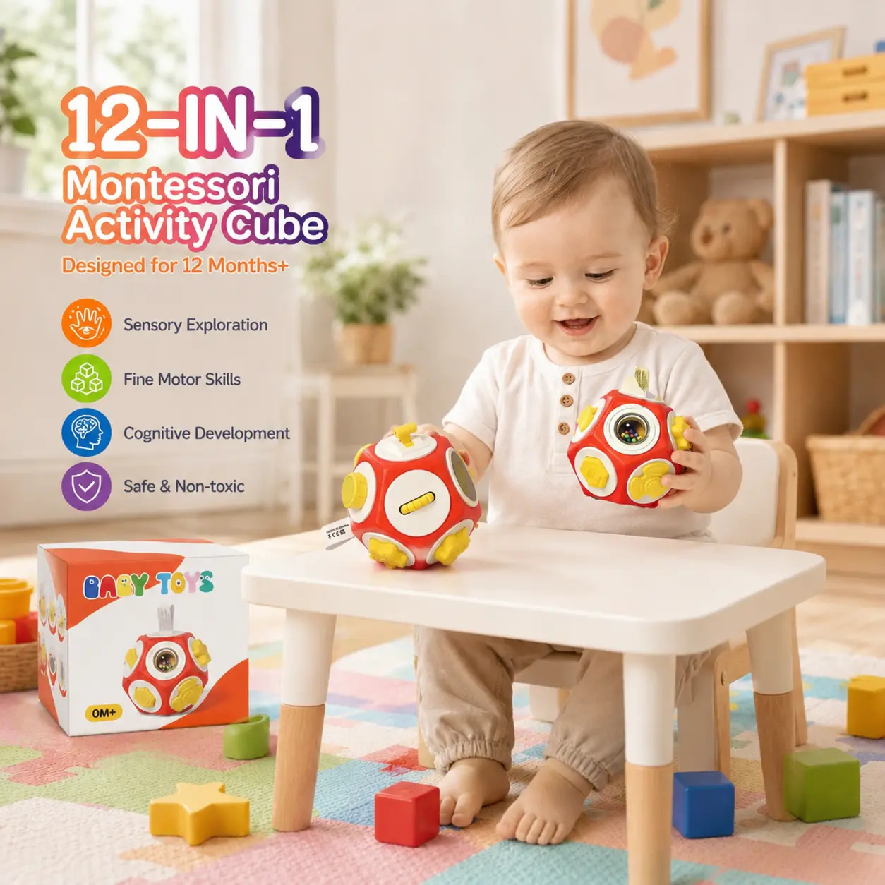 12-in-1 Montessori Busy Cube Preschool Learning Tool - Activity Panels, Shape Sorter, Rounded Edges, Unisex Educational Toy for 12+ Months Toddlers, Children’s Development Gift