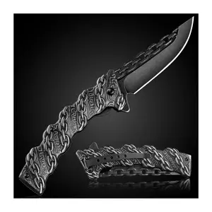 PURPLE DRAGON Chain Pocket Knife, Folding Knife for Outdoor and Camping, Adult Use, Black, 8.39 Inches, with Sheath, Ideal Gift for Men