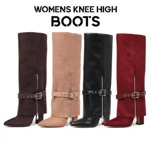 Womens Knee High Boots Pointed Toe Block High Heels Fashionable Side Zipper Buckle Strap Comfy Outing Nightclub Walking Party Spring Tall Suede Boot Shoes
