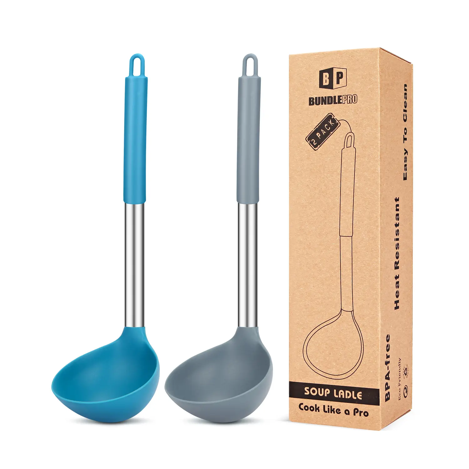 Pack of 2 Ladle Spoon,Silicone Large Spoon for Soup, Grey-Blue,Stainless,Hanging Non Stick Kitchen Utensils,For Cooking,Stirring,Serving Soups