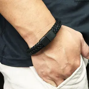 Retro Woven Leather Bangle - Unisex 21cm Black Leather-Polycarbonate Simple Open Cuff Bracelet, Men's Accessories, Daily Wear Accessory, Anniversary Gift