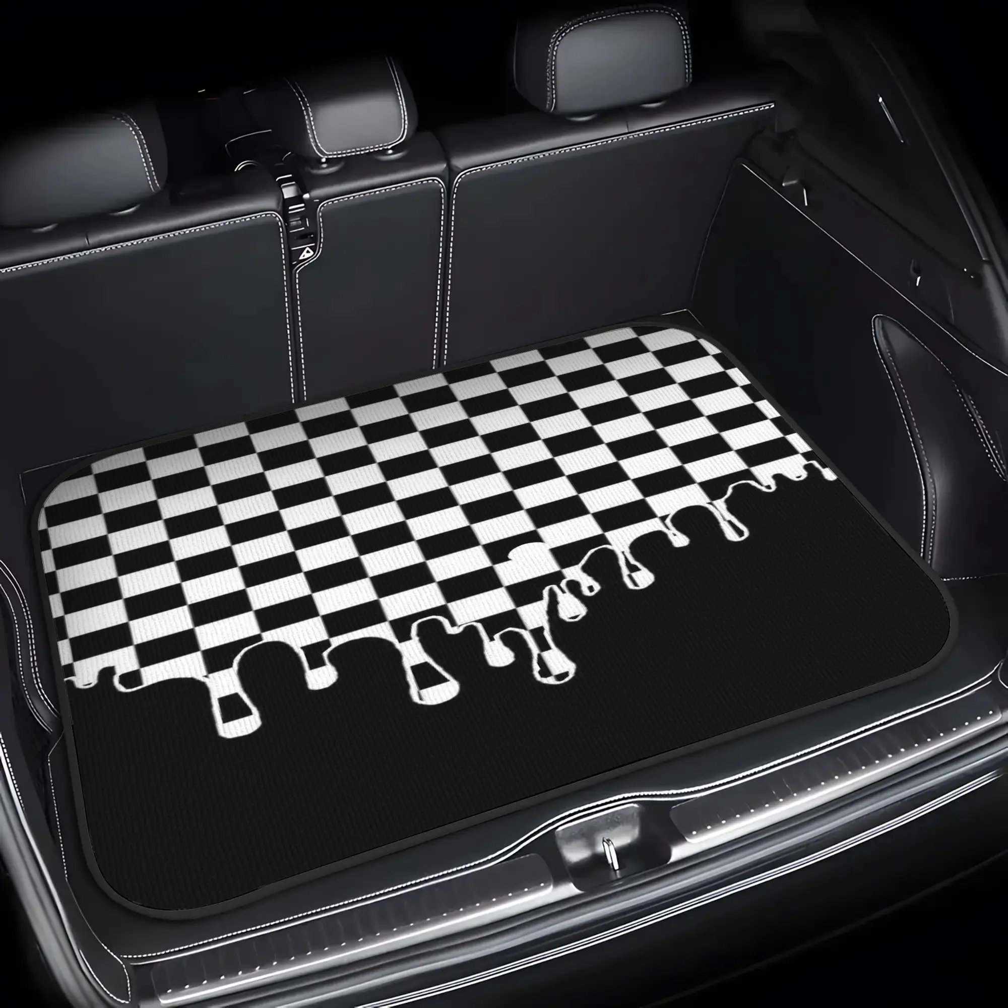 1 Heavy Duty Trunk Pad, Car Trunk Mat, Car Interior Accessory, Black and White Checkerboard Pattern, for SUVs, Cars, Trucks, All-weather Protection, Spill-proof, Machine Washable, Non-slip Grip, Easy to Clean, Precise Fit, Suitable for Travel, Camping
