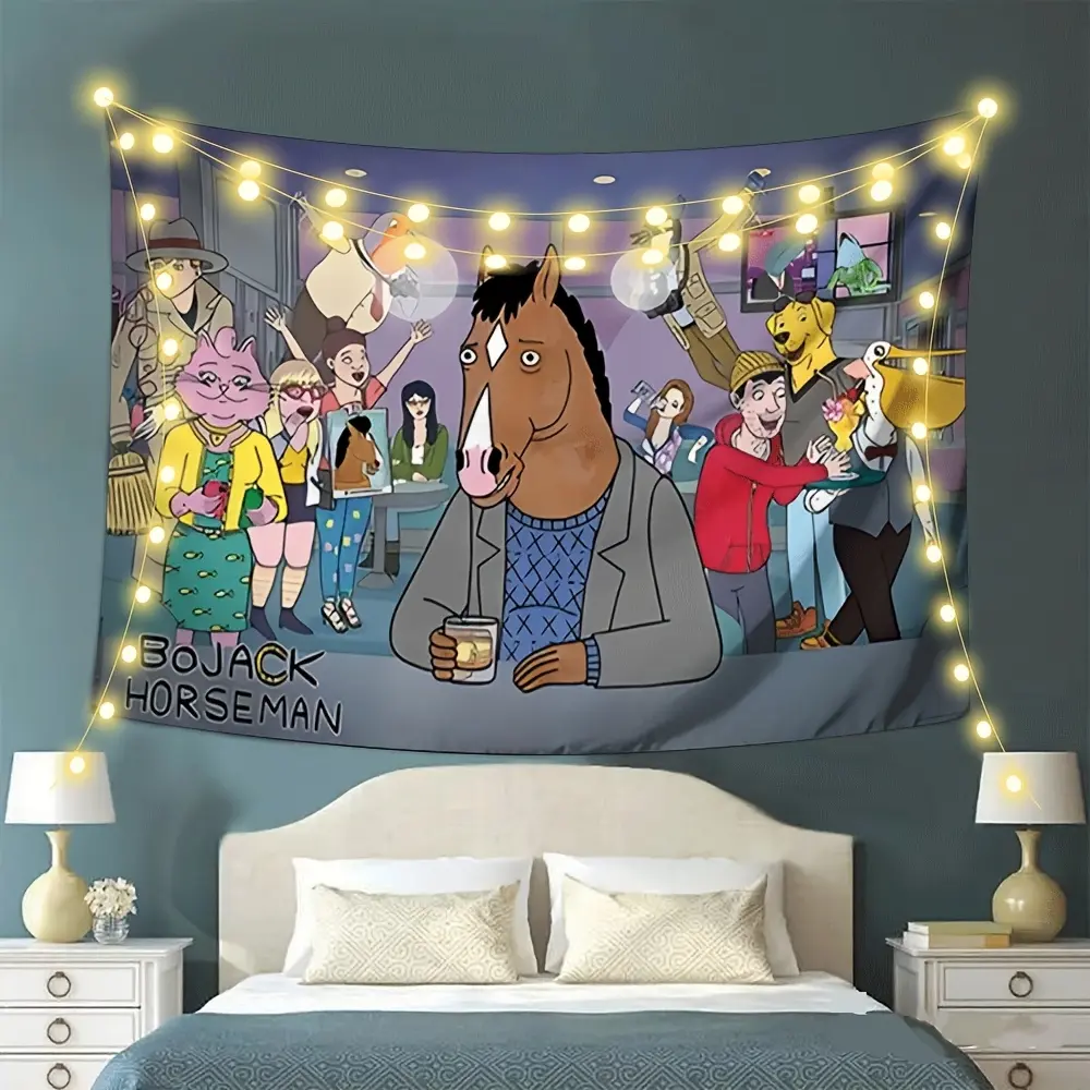 1pc Peach Skin Wall Tapestry - Bojack Horseman & Muse Art Print, Soft Polyester Fabric, Horizontal Orientation, Perfect for Bedroom Decor, Indoor/Outdoor Use, Halloween Decoration, Fresh & Natural Aesthetic, Halloween Decorations