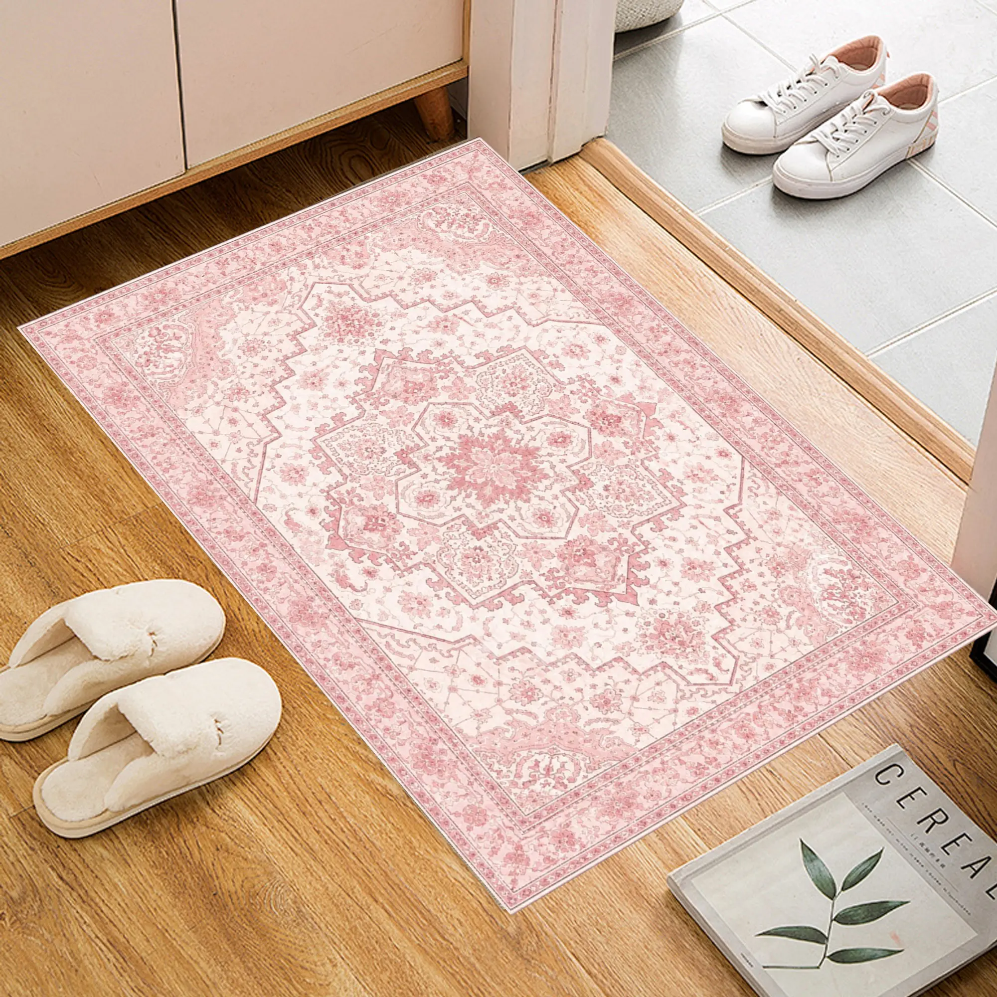 Pink Vintage Oriental Area Rug, Modern Floral Medallion Floor Mat, Soft Tech Fabric Non Slip Carpet For Bedroom Living Room Home Decor
