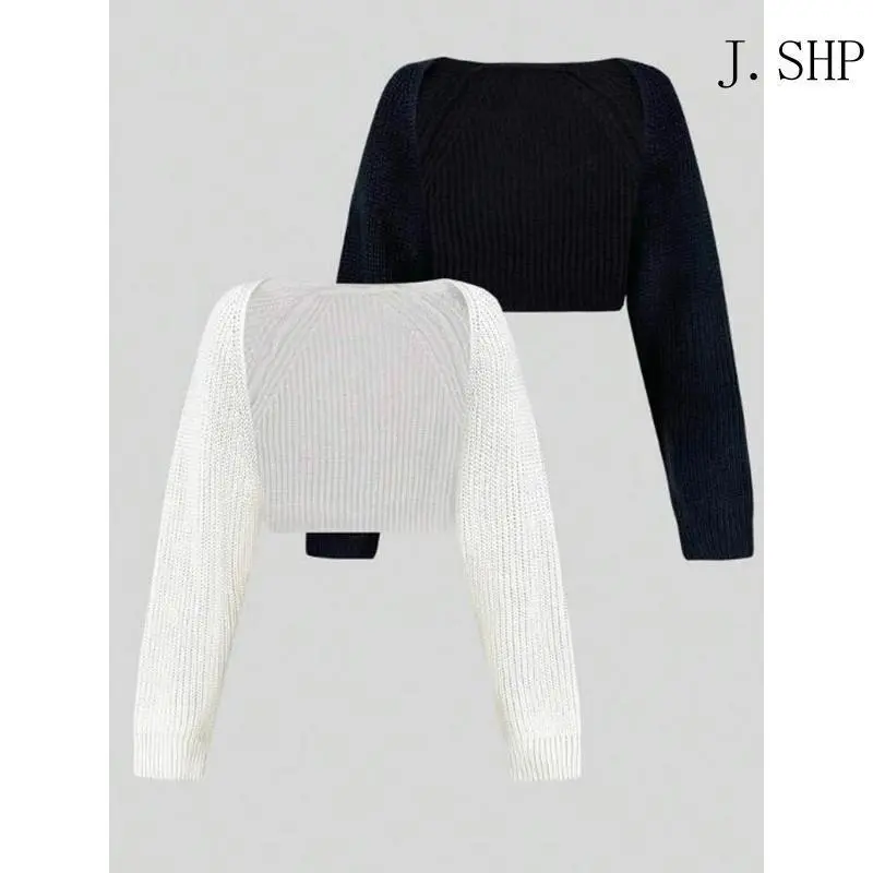 Women's Minimalist Textured Raglan Sleeve Shrug Set, Chic Open Front Sweater Cardigan, Back School Cropped Cardigan Knitwear Womenswear Casual Style(Sheets)1123