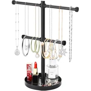 Necklace Holder Organizer Stand,2-Tier Sturdy Metal Jewelry Stand with Round Tray for Bracelet Bangles Holder Display,12.9" Tall for Long Necklace Boxes Minimalist Room Vanity