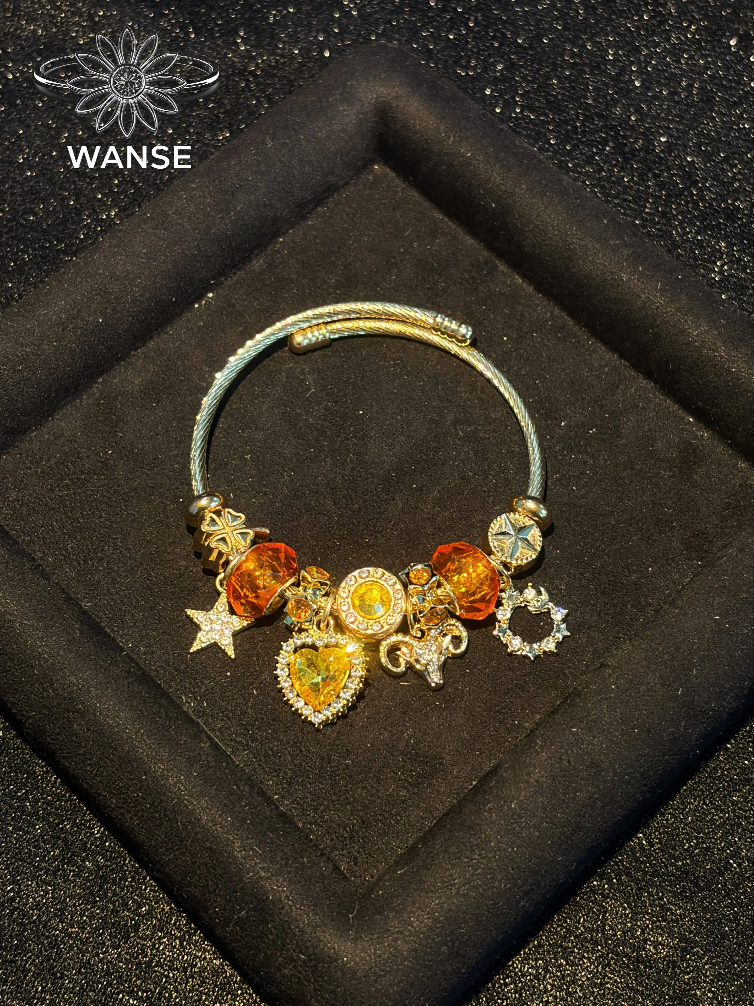 Gold Tone Open Wire Bangle Bracelet, Orange Crystal Beaded Charm Bracelet with Rhinestone Heart, Aries Ram, Star Charms, Stackable Cable Cuff Bracelet for Women Birthday Jewelry Gift