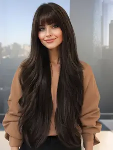 28 Inch Long Straight Wig with Bangs, Natural Look Curly Hair Replacement System, Comfortable All-Season Wear for Women, Snug Fit Wig, Natural Looking Wig, Synthetic Wigs, Synthetic Fiber Wigs