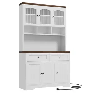 Farmhouse Kitchen Pantry Cabinet Hutch 71'' Tall Kitchen Pantry Storage Cabinet w/ Microwave Stand& AC outlets, USB port, Storage Drawers for Living Room, Dining Room