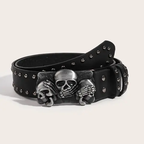 Fashion Faux Leather Studded Waist Belt with Retro Skull Buckle - Versatile & Stylish Street Style Belt for Men and Women Stylish Belts
