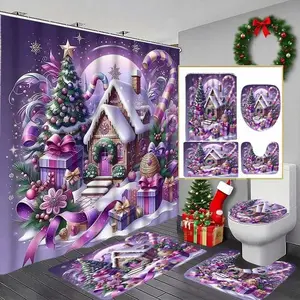 1/4pcs Candy-colored gingerbread house themed shower curtain set, includes a non-slip mat, U-shaped rug, and toilet seat cover. Perfect for bathroom decoration, partitioning, and beautifying the space. Comes with 12 shower curtain hooks.